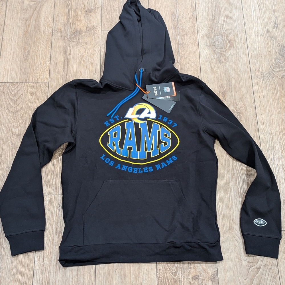 $198 Mens BOSS X NFL "Touchback" Los Angeles Rams Graphic Hoodie Black Small